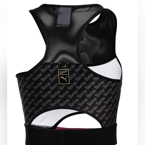 NWT PUMA x Barbie Women’s Black Pink Athletic Crop Tank Top Logo Sports Bra- Siz - Picture 2 of 7